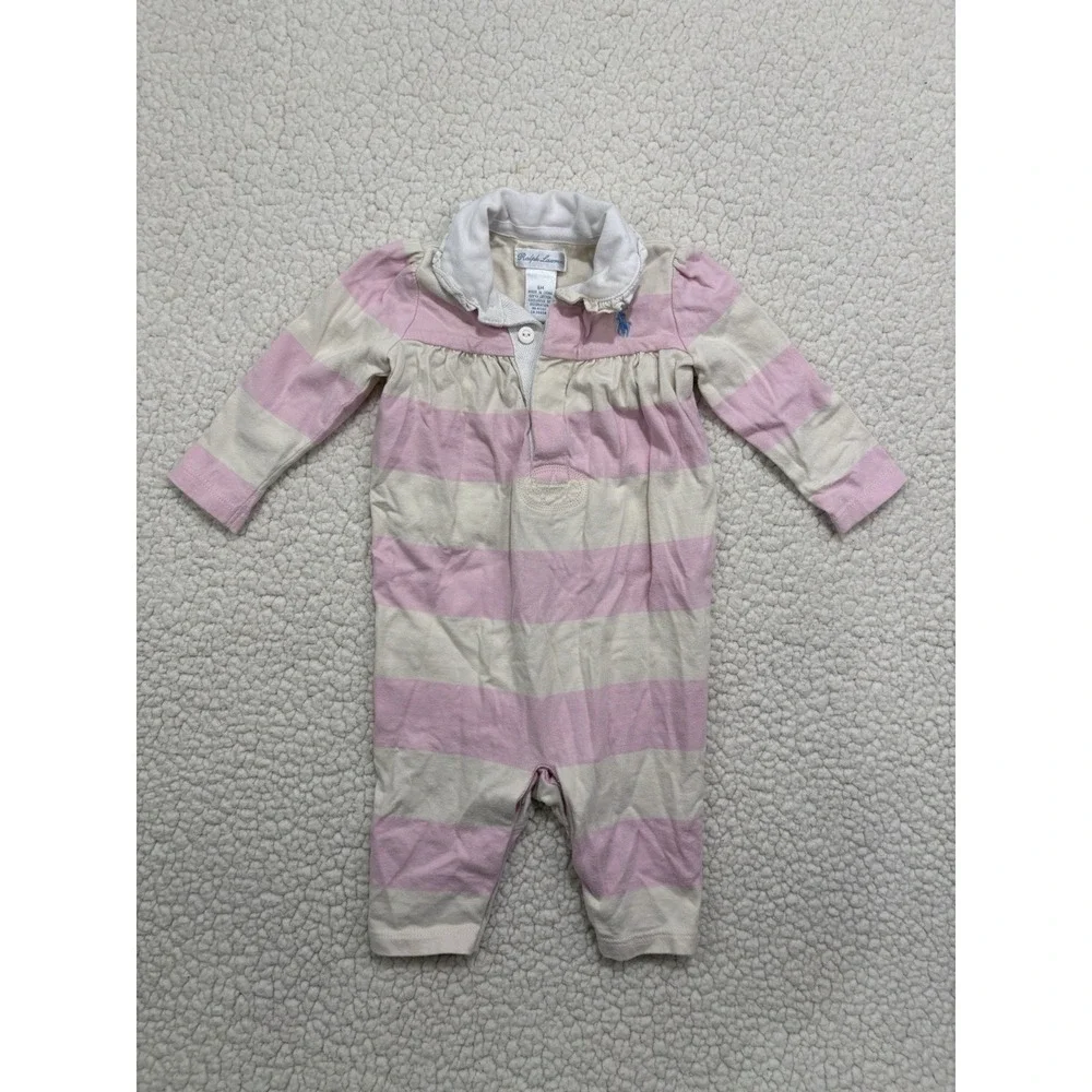 Ralph Lauren Baby Girl 6M Pink Stripe Cotton Long Sleeve Jumpsuit 1pc Collar